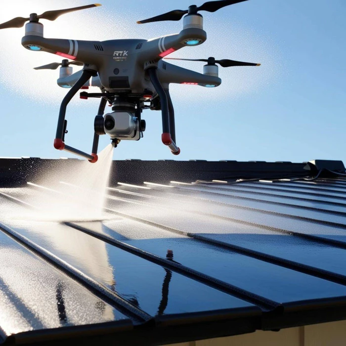 Drone professionnel pulvérisant un produit sur toiture métallique ondulée