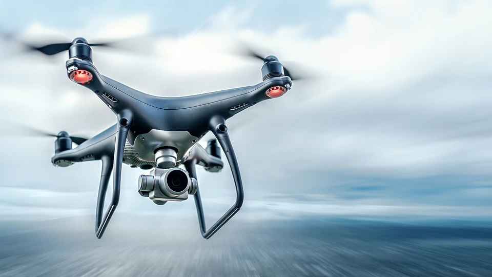 Scène d'intérieur avec caméra professionnelle montée sur stabilisateur gimbal, arrière-plan flou avec éclairage coloré suggérant un plateau de tournage ou événement