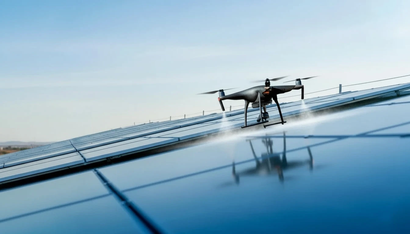 Vue aérienne de panneaux solaires photovoltaïques bleus montés sur le toit de la ferme pour produire de l'électricité écologique propre